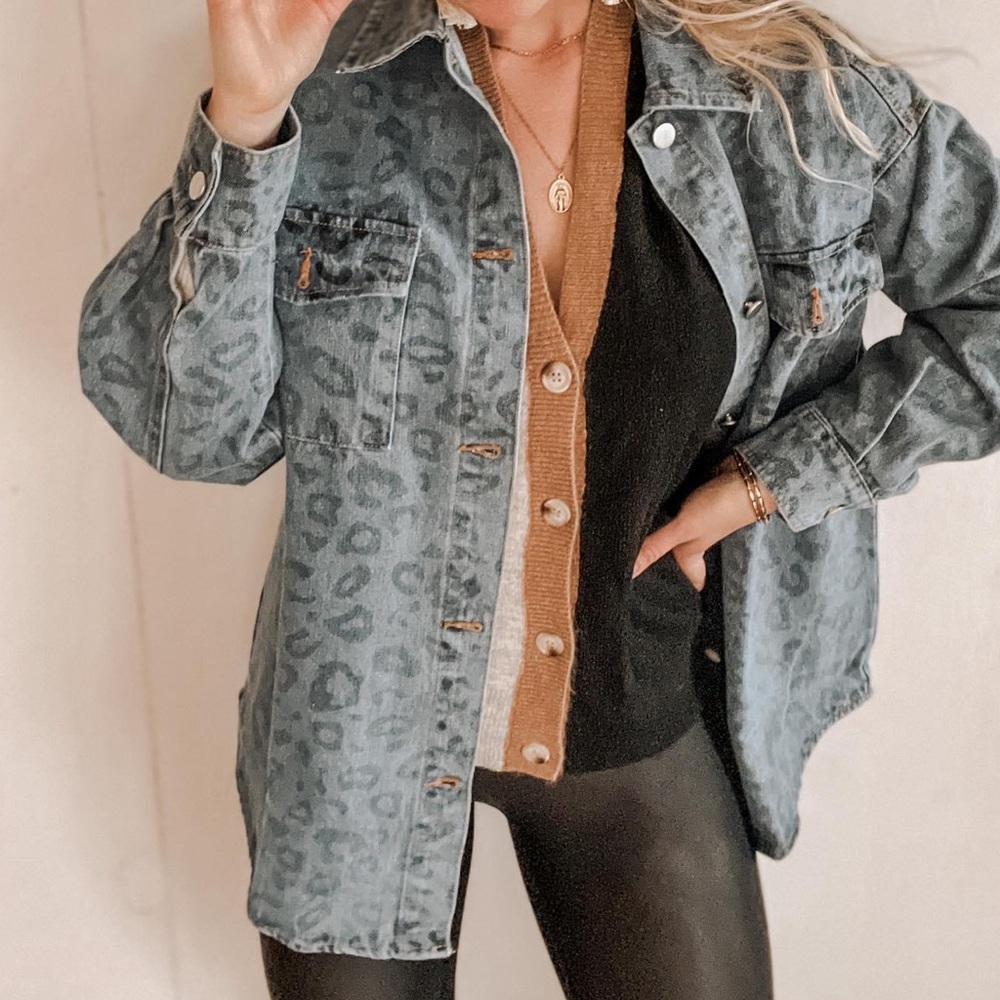 Leopard Blue Jean Denim Jacket Shirt